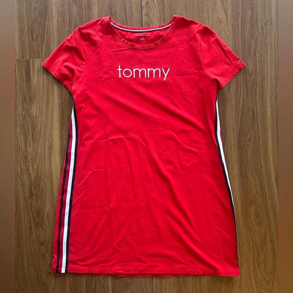 Tommy Hilfiger Red Crewneck Dress with Signature Trim